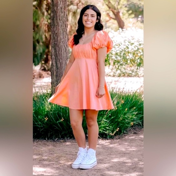 Abercrombie & Fitch Emerson Summer Dress Apricot Puff Sleeve Mini Small Orange - Picture 1 of 11